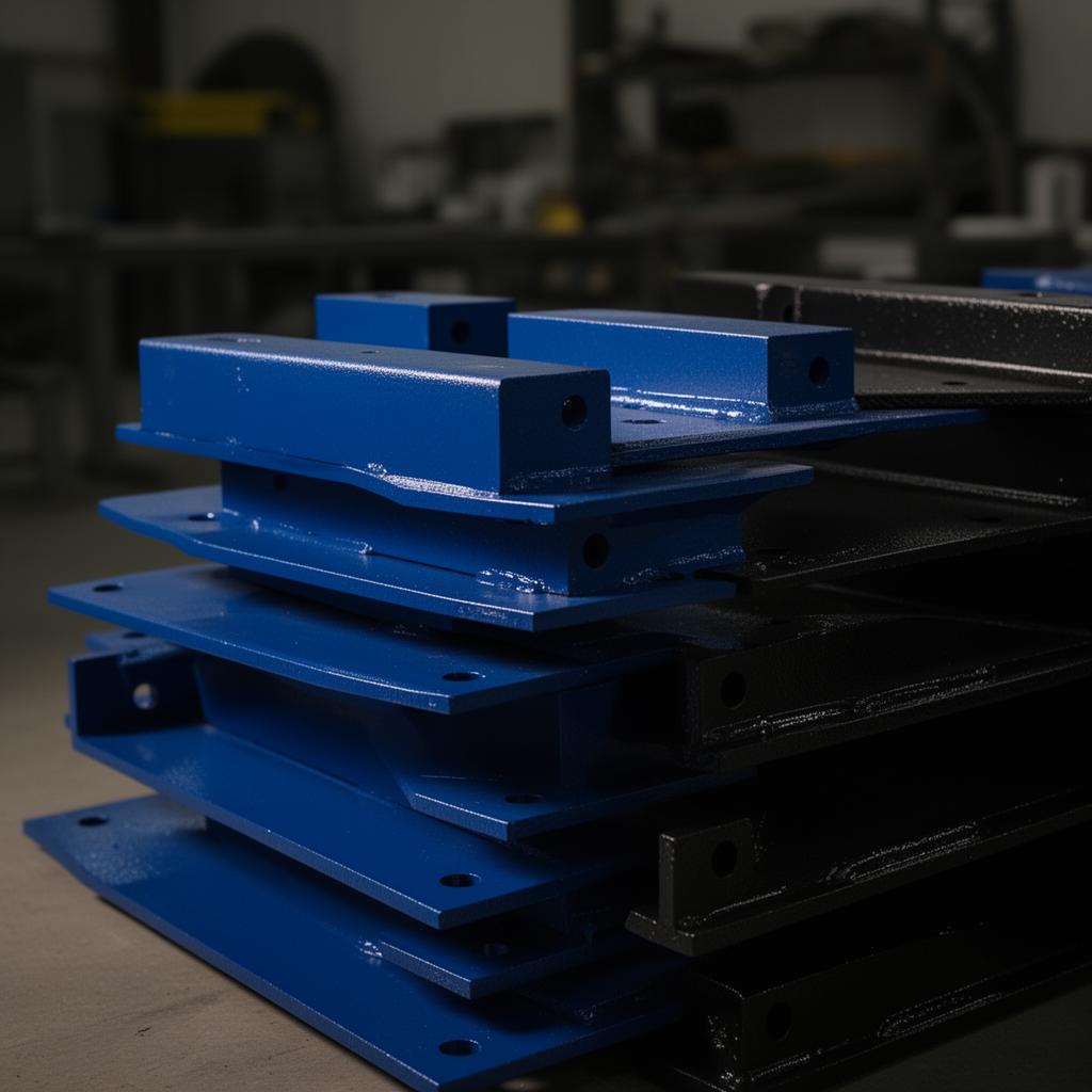 Pulverbeschichtete Stahlbauteile im Industrieblau